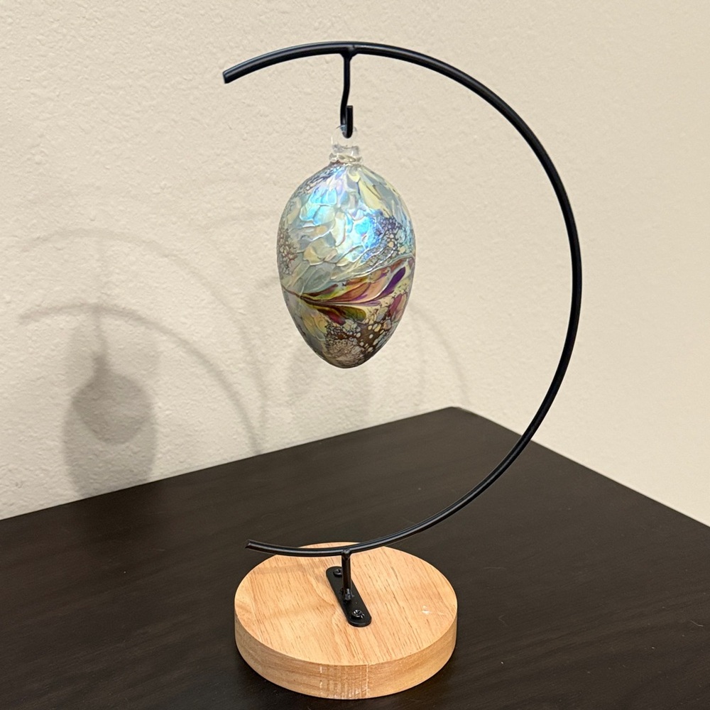 Iridescent Hand Blown Glass Ornament Egg with Stand